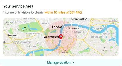 Map showing service area with location pin