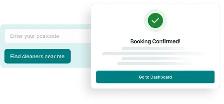 Booking interface showing postcode search and confirmation